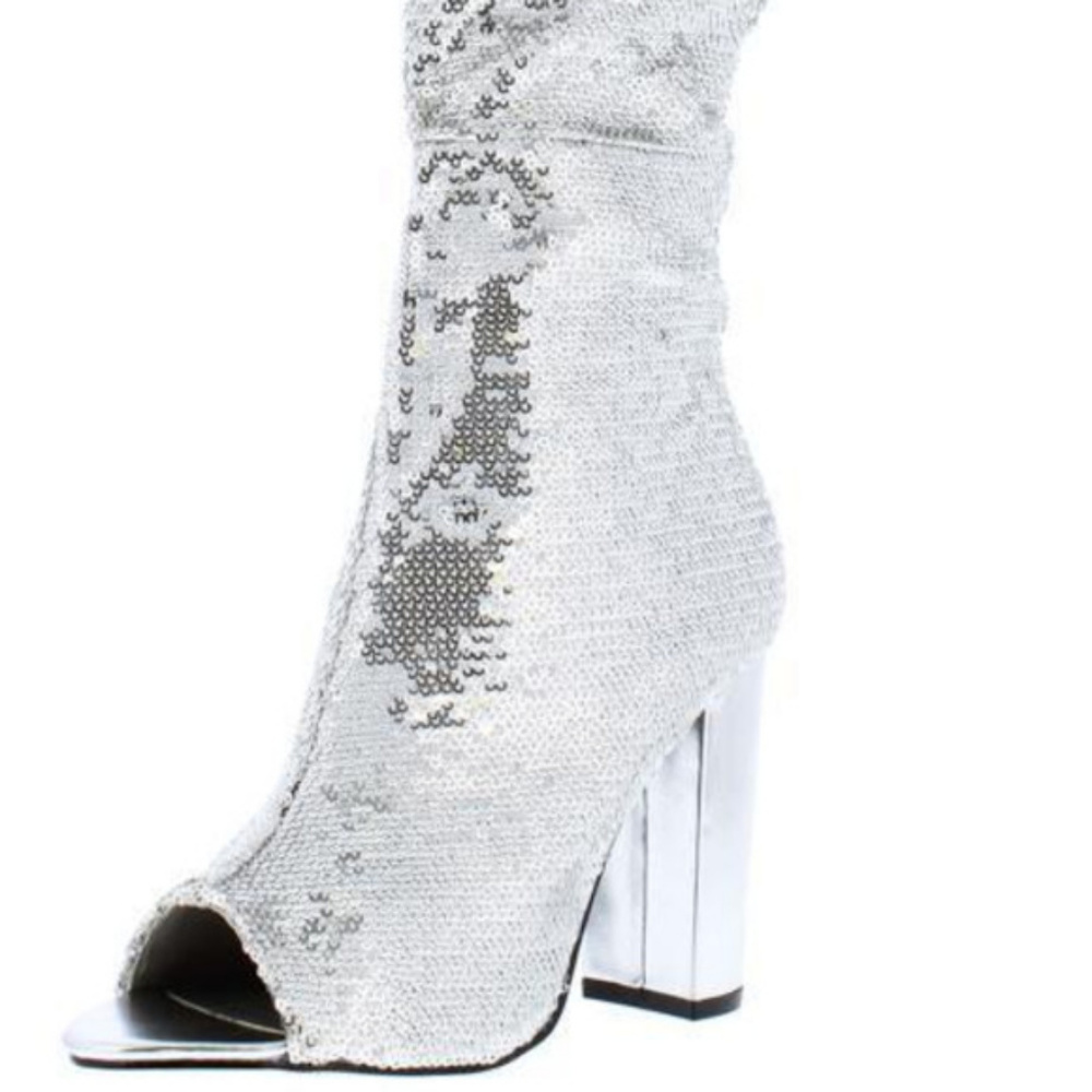 Womens Silver Sequins Over The Knee Slouchy Boots - Picture 7 of 8